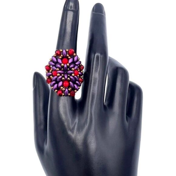 Bronze with Purple and Ruby Red Crystal Beaded Statement Ring Size 8.5 - Picture 7 of 8